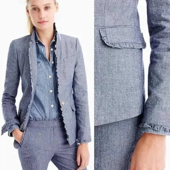 J. Crew women's Regent Chambray Ruffle Trim Blazer 4 denim blue *has flaw* - Picture 1 of 15